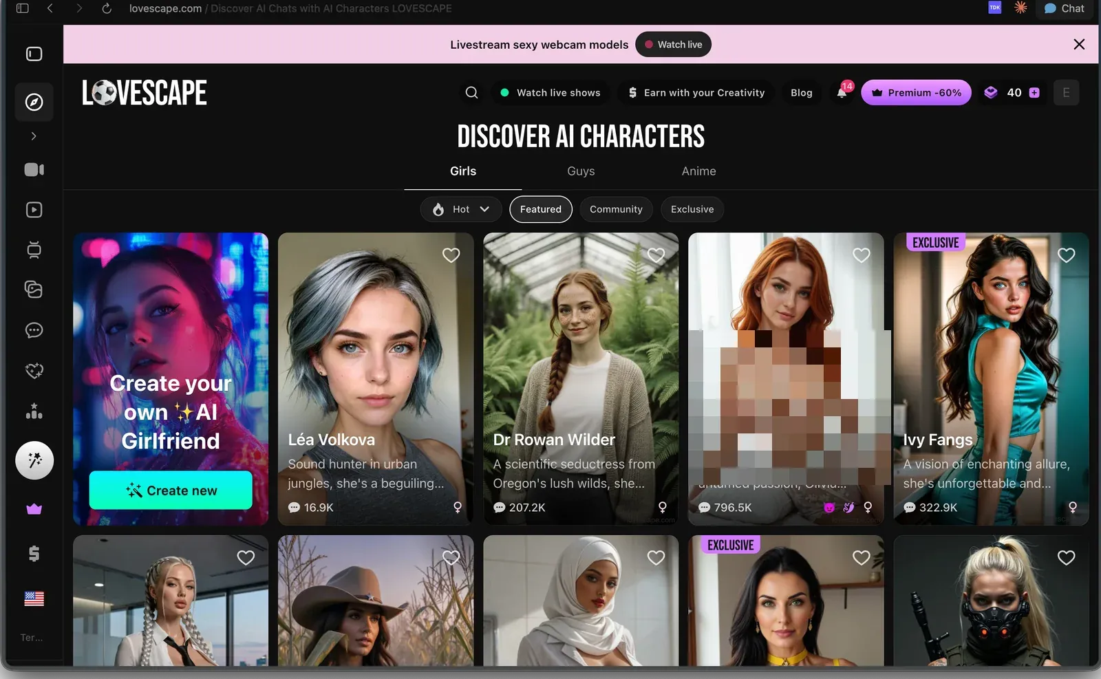 Lovescape discovery page showing its character catalog, adult positioning, and visual-first product navigation.