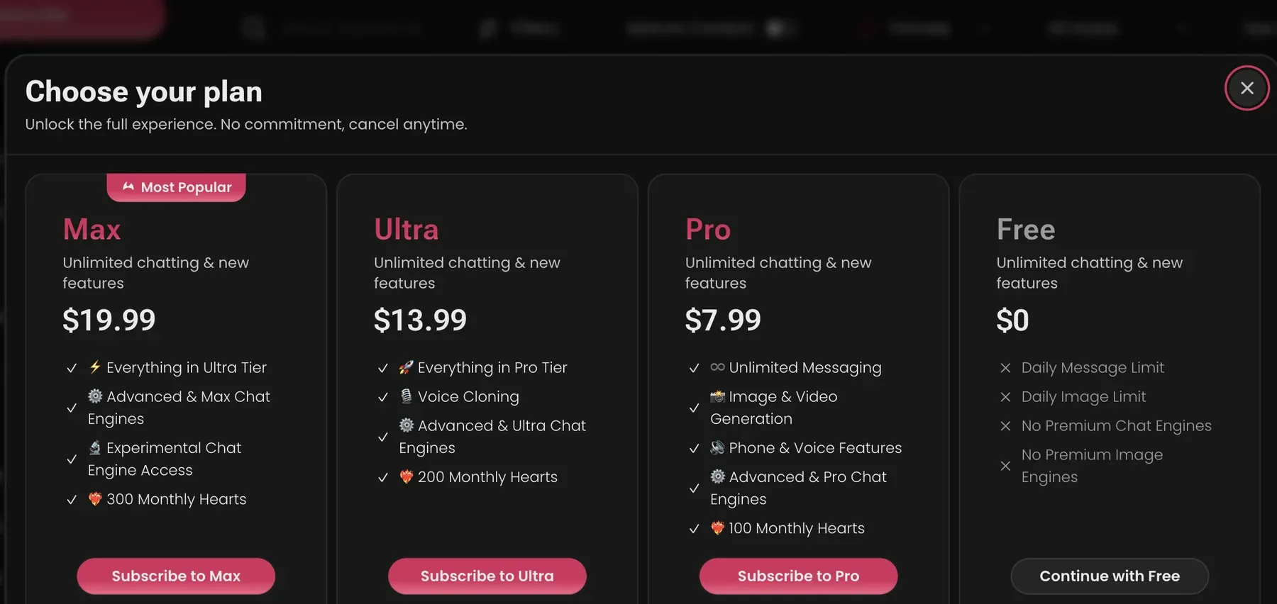 Secret Desires AI plan comparison showing Pro, Ultra, Max, and monthly hearts.