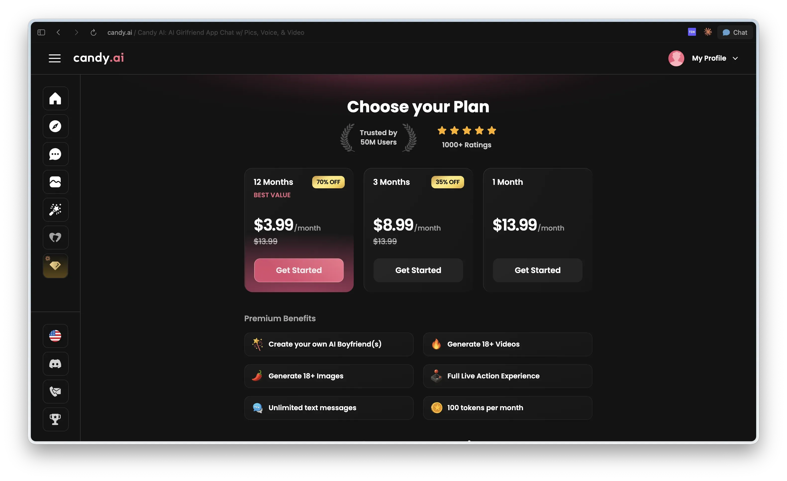 Candy AI checkout showing monthly, quarterly, and annual Premium options plus the included benefits.