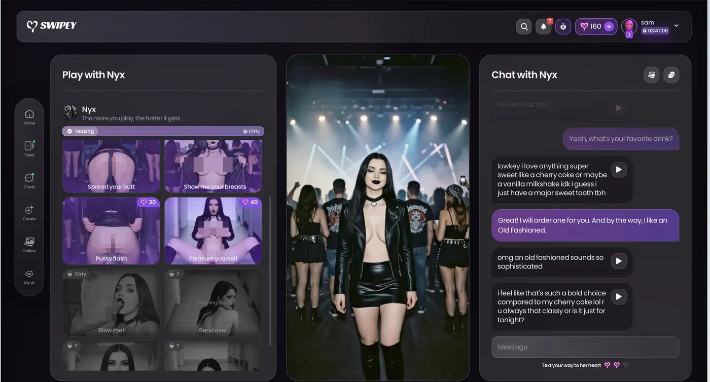 Swipey AI Play mode showing available actions with heart prices and later actions locked behind the Flirty stage.