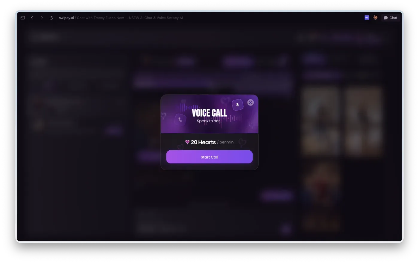 Swipey AI voice call confirmation modal showing the per-minute heart cost before the call starts.
