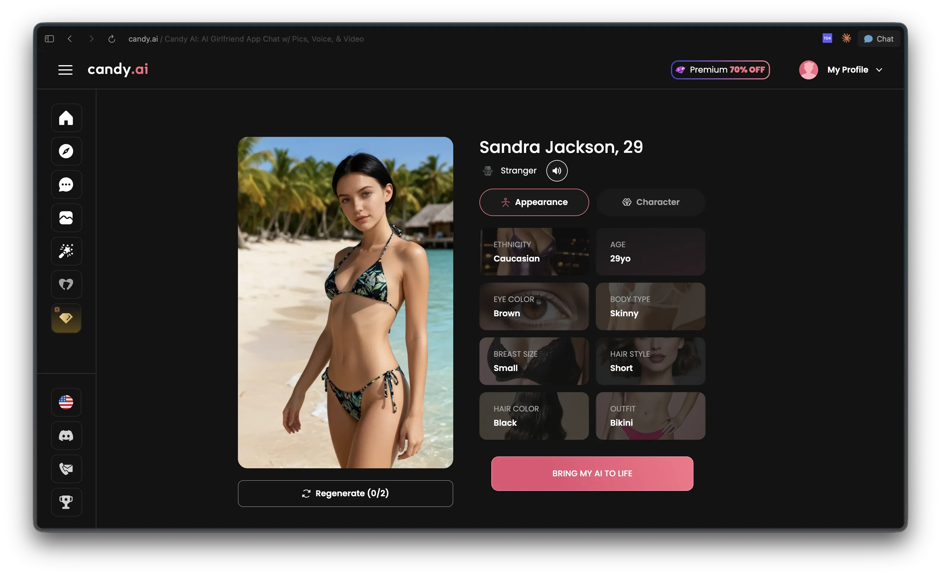 Candy AI character profile showing age, appearance, body type, hair, and outfit metadata.