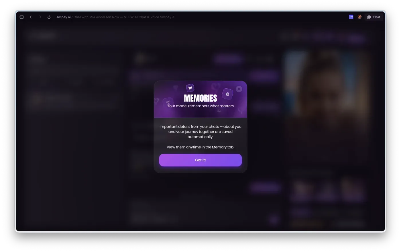 The Swipey AI Memories panel introduction explaining how conversation details are stored.