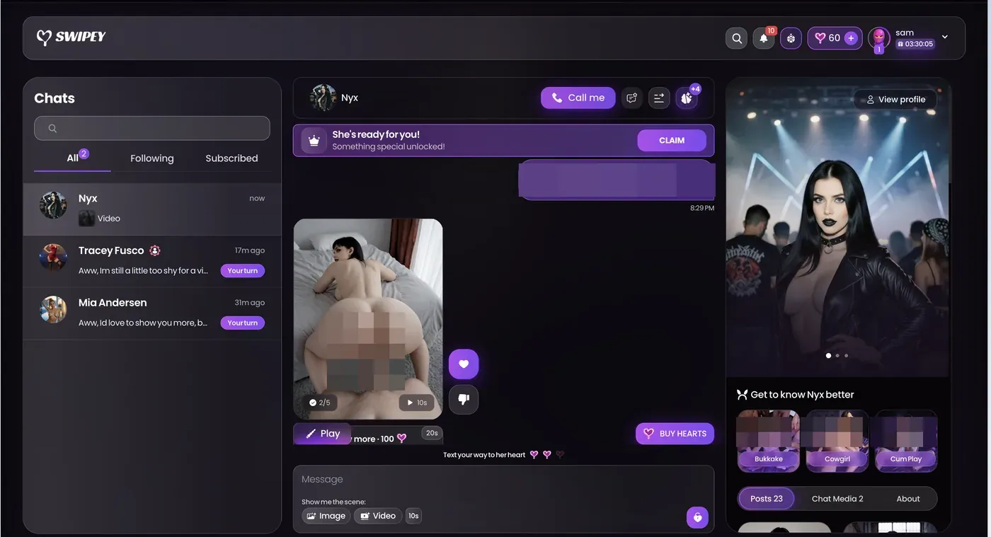 A Swipey AI chat video with a counter and a 100 heart upsell to a longer twenty second version.