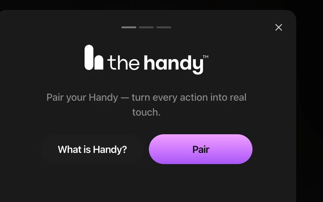 Lovescape Handy pairing modal offering to turn character actions into physical touch.