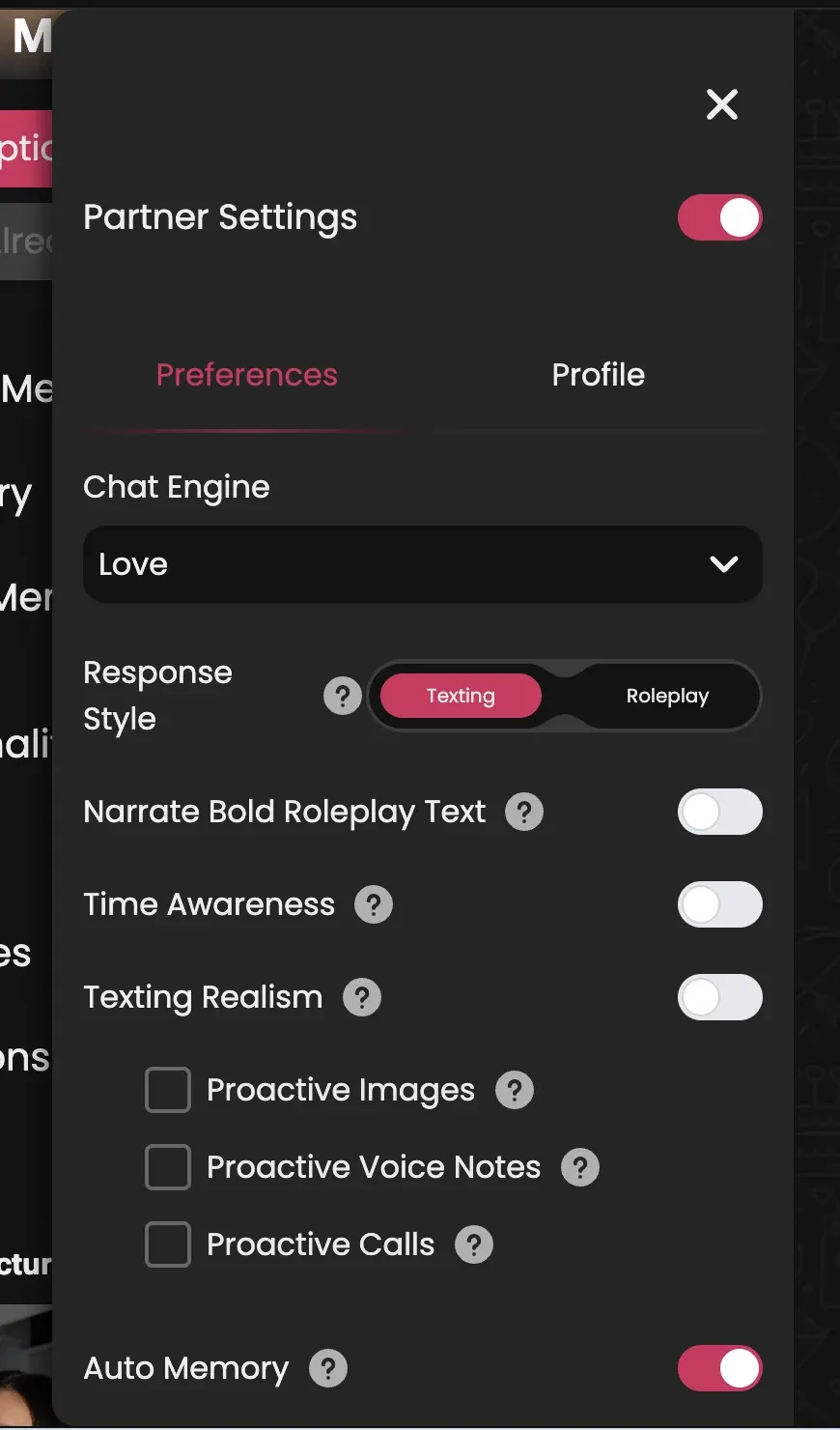 Secret Desires AI controls for Texting, Roleplay, Time Awareness, Texting Realism, and Auto-Memory.