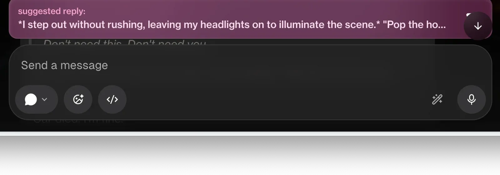 OurDream AI suggested-reply bar positioned directly above the chat composer and its advanced control buttons.