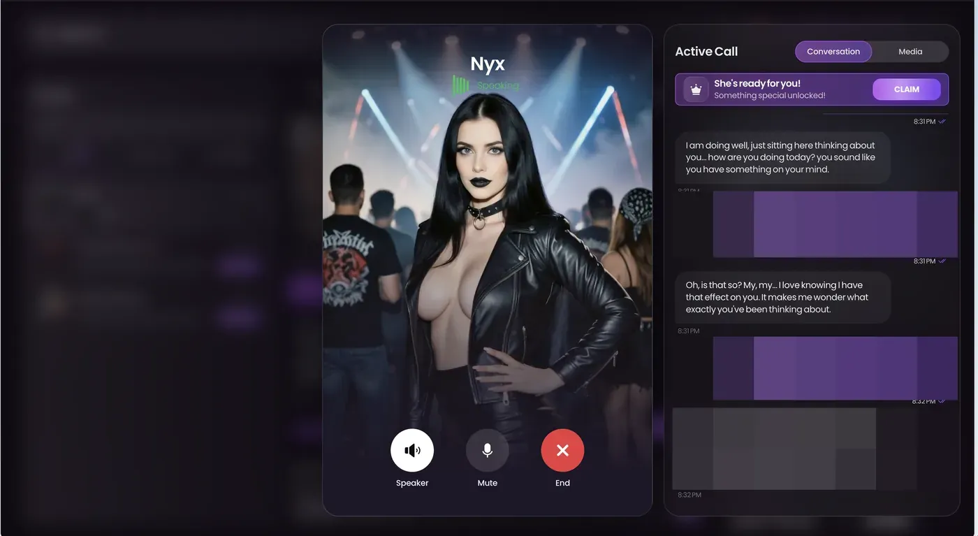 An active Swipey AI voice call with a live transcript panel beside the character portrait.