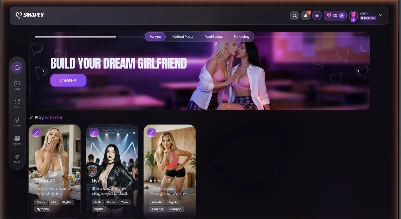 Swipey AI paid home feed showing its Build Your Dream Girlfriend banner and Play with me character cards