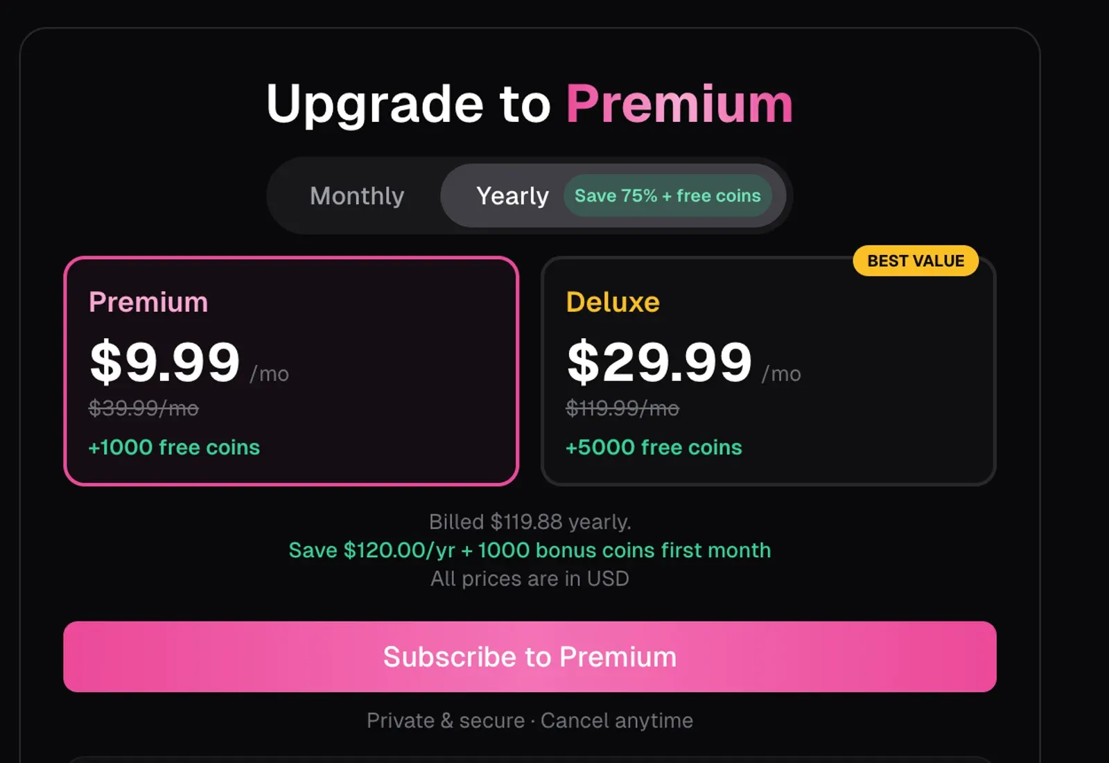 OurDream AI yearly Premium checkout advertising 75% off plus free coins, with Premium at a $9.99 monthly equivalent billed as $119.88 yearly.