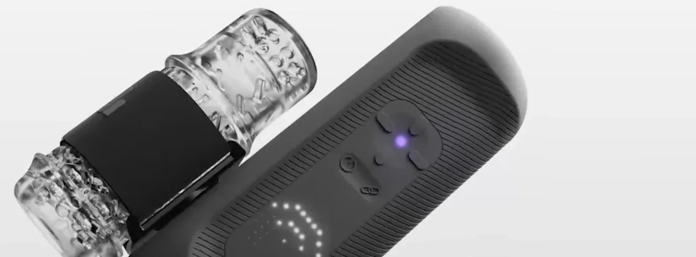 The Handy official product page showing the connected male stroker hardware.