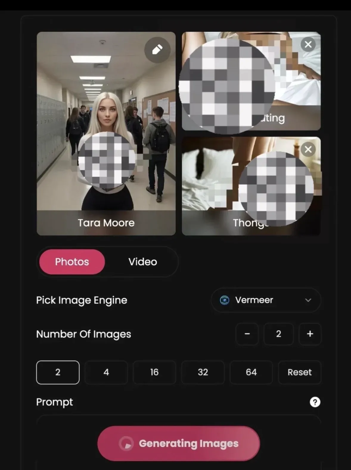 Secret Desires AI image generator with action, outfit, engine, prompt, and output controls.