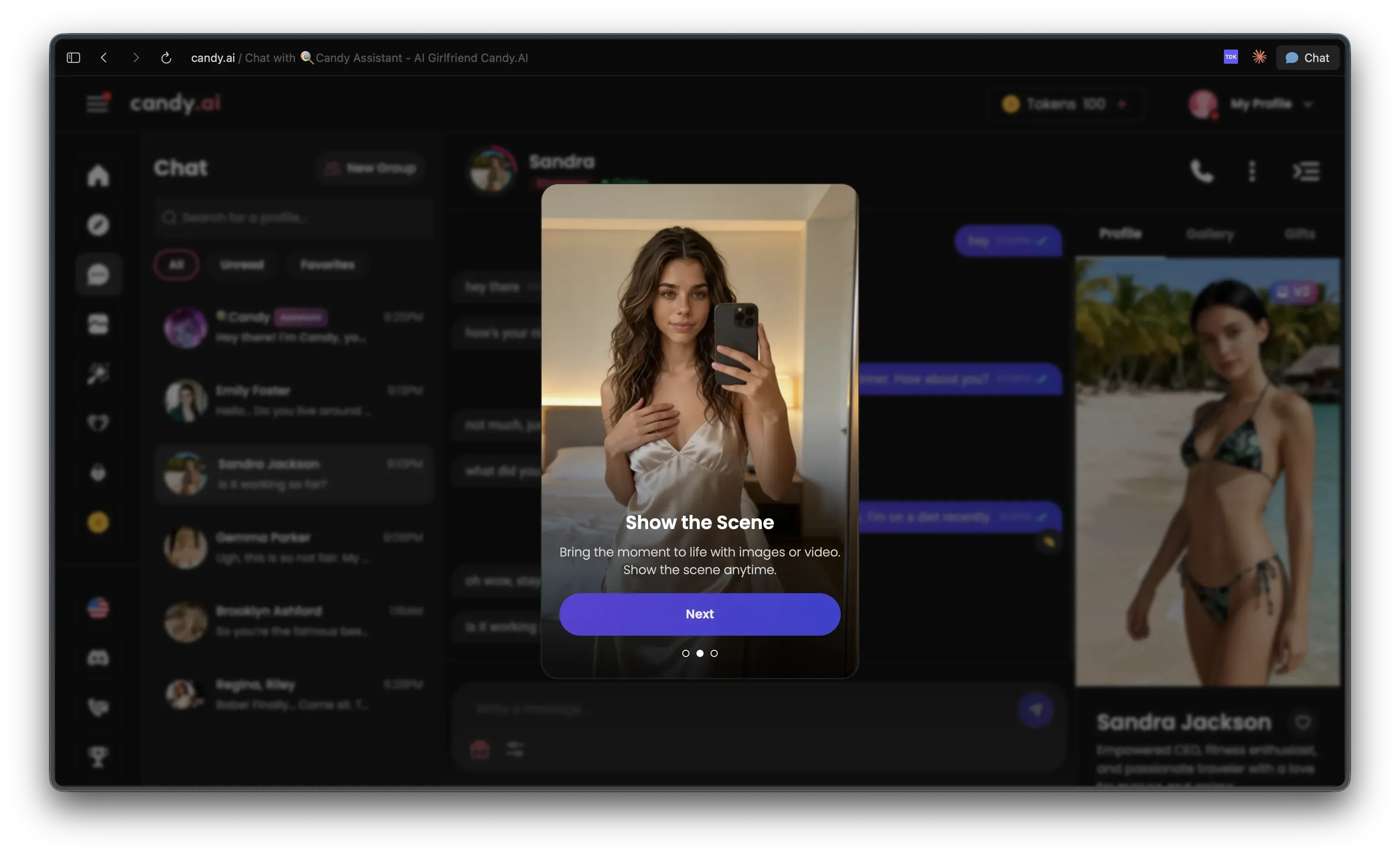 Candy AI Show the Scene control inside chat, which can turn the current conversation into an image or video.