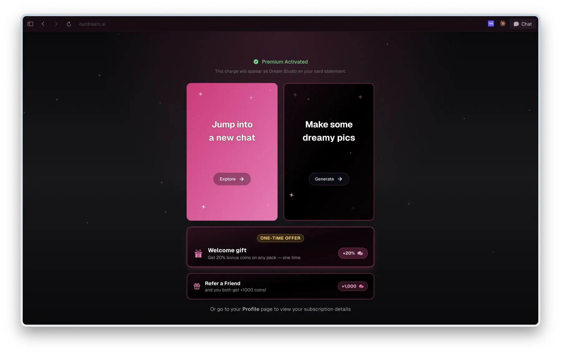 OurDream AI Premium activation screen confirming the paid upgrade, new chat access, generation access, and the referral reward.