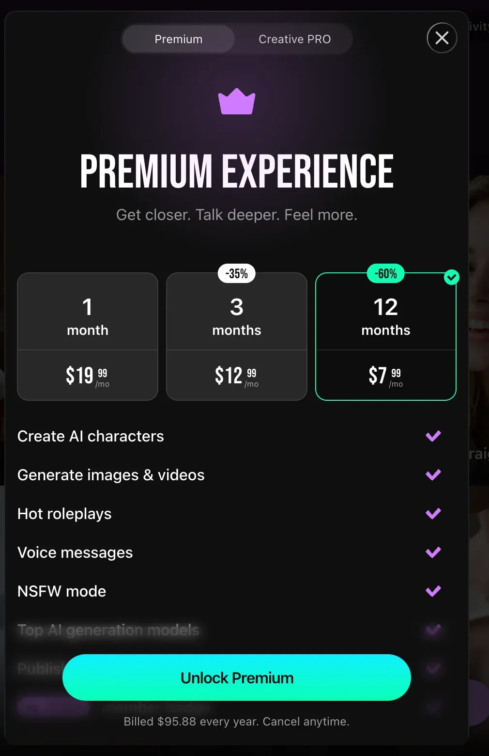 Lovescape Premium checkout showing the one-, three-, and twelve-month prices available during the self-funded test.