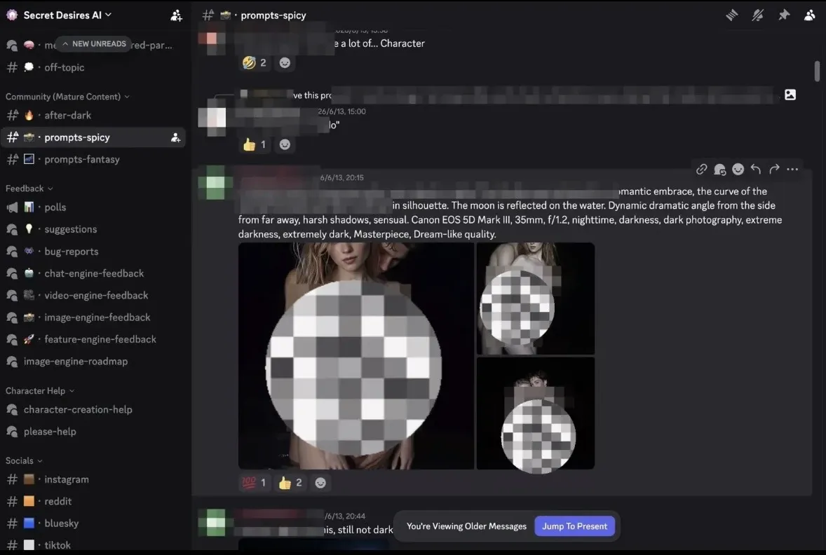 A selectively mosaicked Secret Desires AI Discord prompt channel showing advanced creator examples with member identities and explicit anatomy obscured.