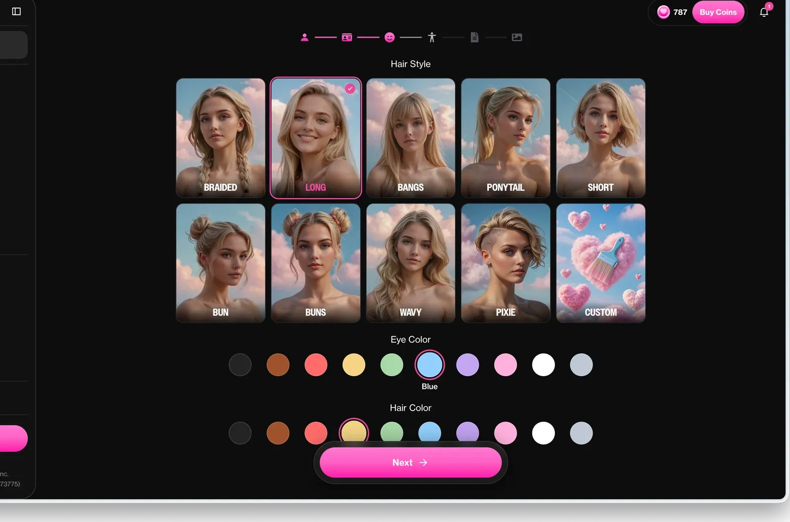 OurDream AI character creator showing hair style, eye color, hair color, and the multi-step customization flow.