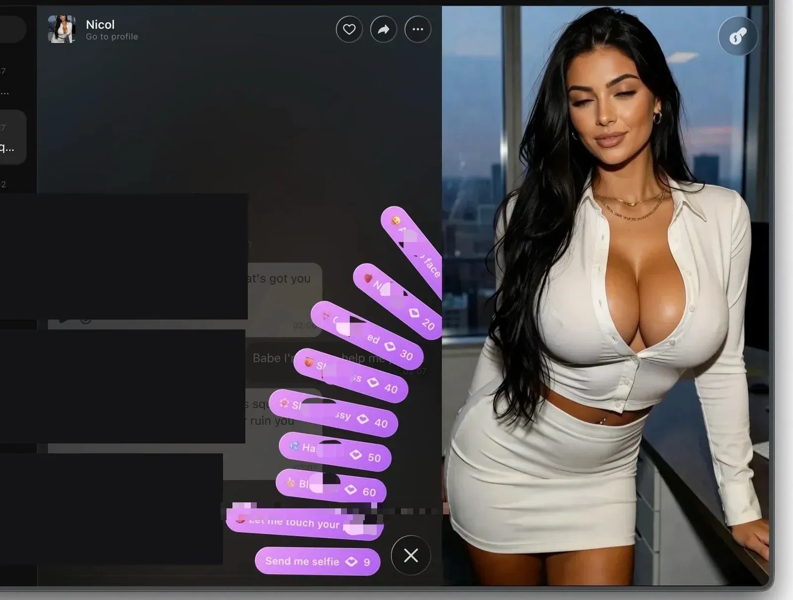 Lovescape Live Cam showing a moving character, interactive adult actions, and their chip prices.