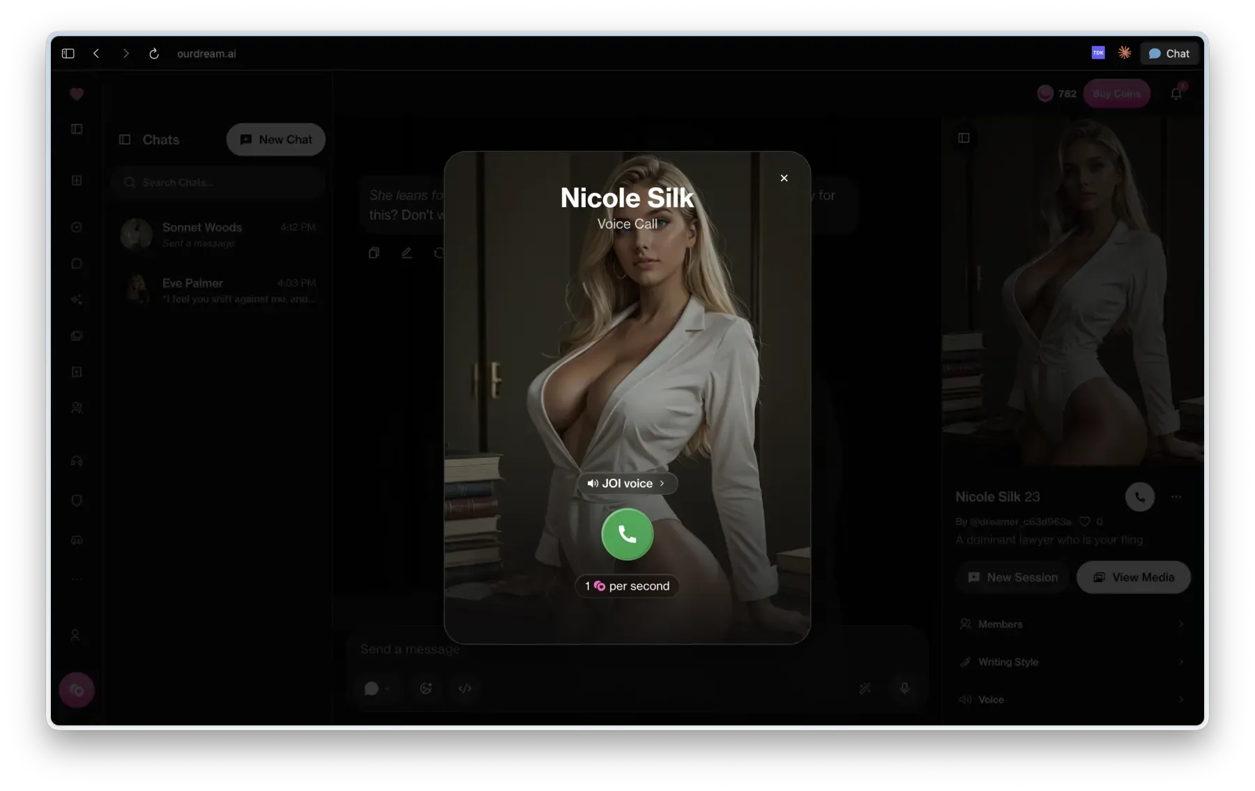OurDream AI live-call screen showing the selected voice and the character used in the paid call test.