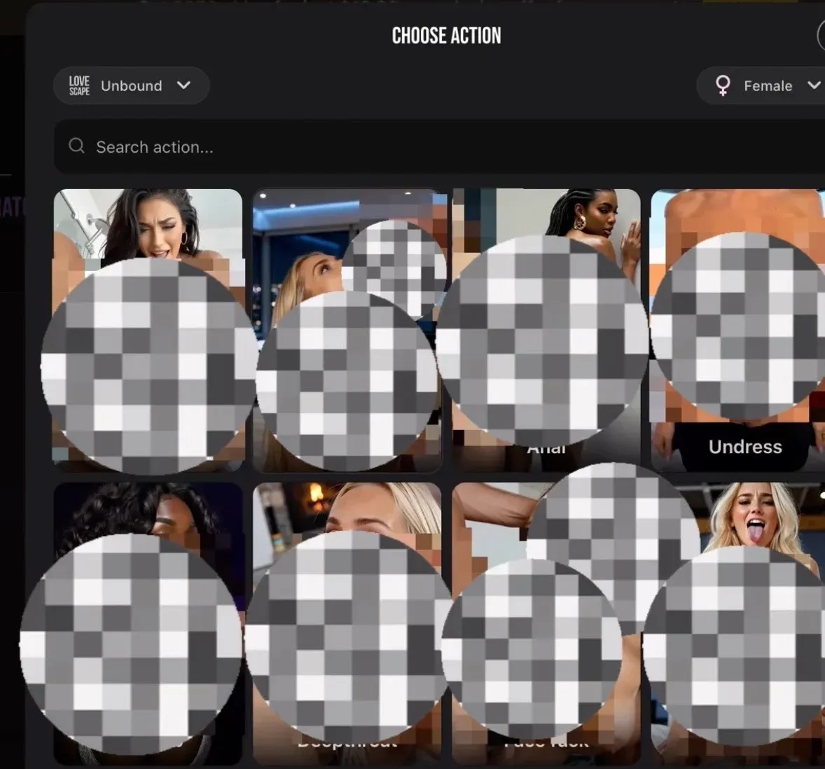 Selectively mosaicked Lovescape video action library showing the range of pose presets while retaining faces and labels.