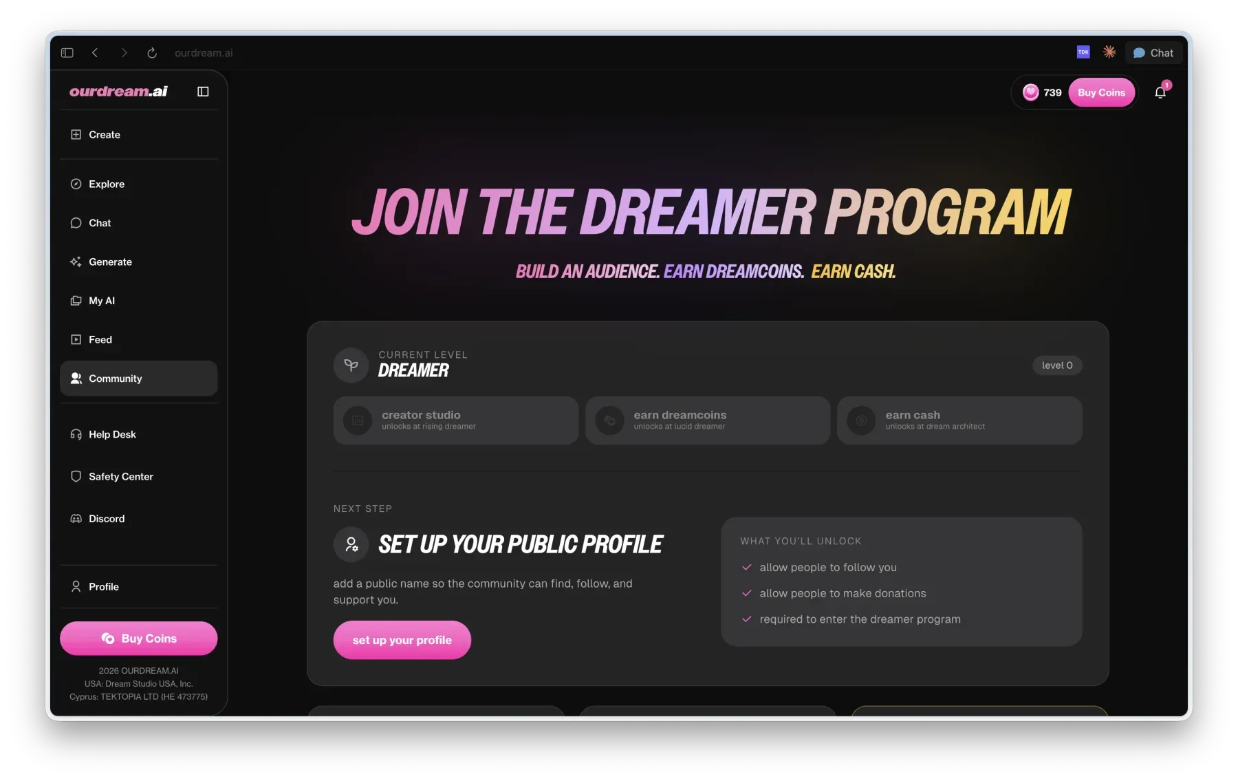 OurDream AI Dreamer Program page showing the public-profile step and the creator, DreamCoin, and cash progression.