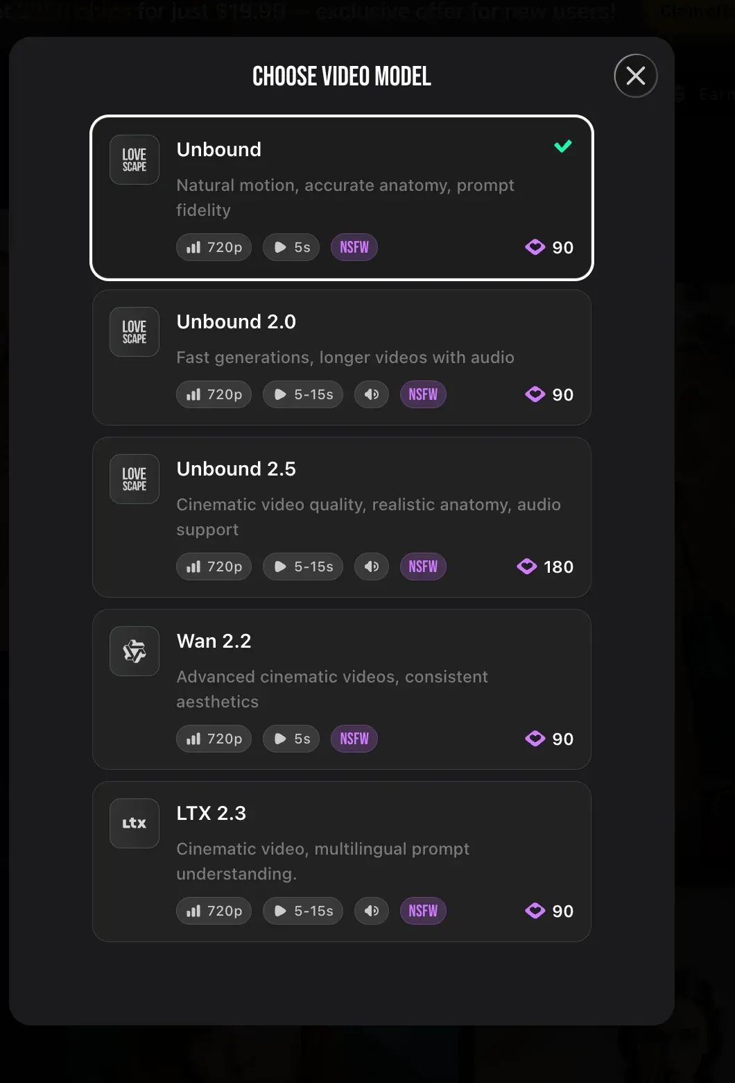 Lovescape video model selector showing duration, audio, NSFW support, and model-specific chip prices.