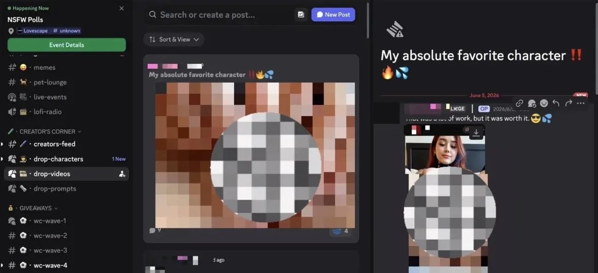 Selectively mosaicked Lovescape Discord community showing its drop-videos channel and advanced creator work with every user identity obscured.