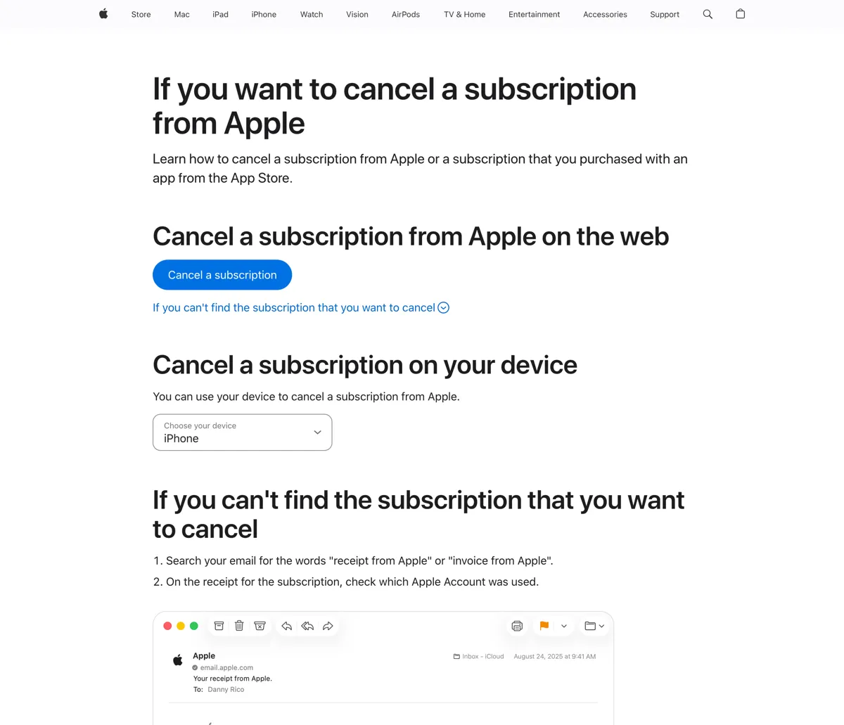 Apple's official manage-and-cancel subscriptions documentation