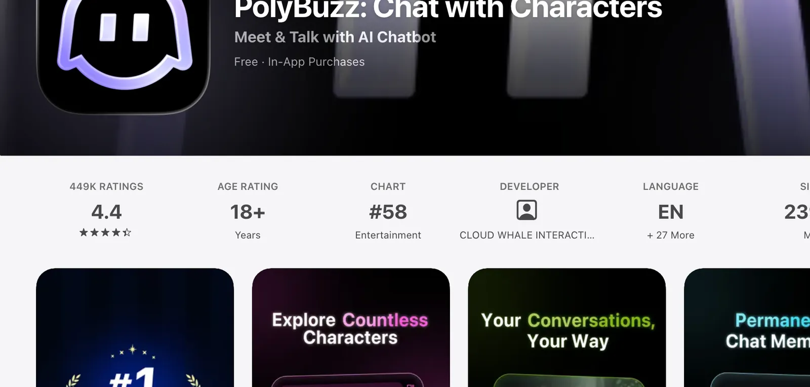 PolyBuzz App Store listing information row showing the 18 plus age rating and the developer name, captured July 18, 2026