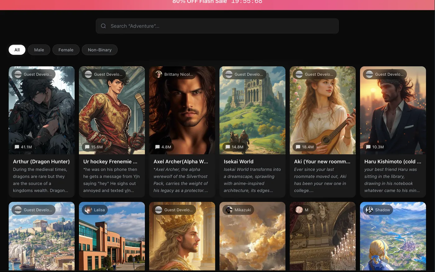 Chai discover feed with character cards and gender filters, from my account, July 19, 2026
