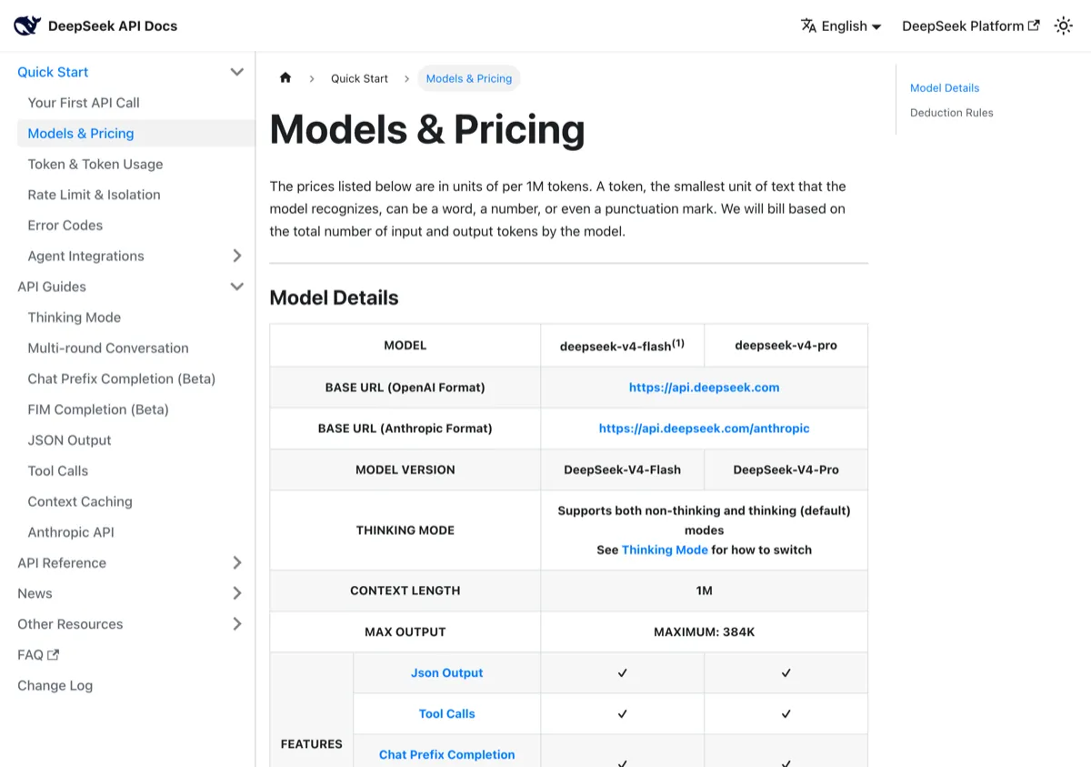DeepSeek's API documentation site, the official source for its current model names and prices