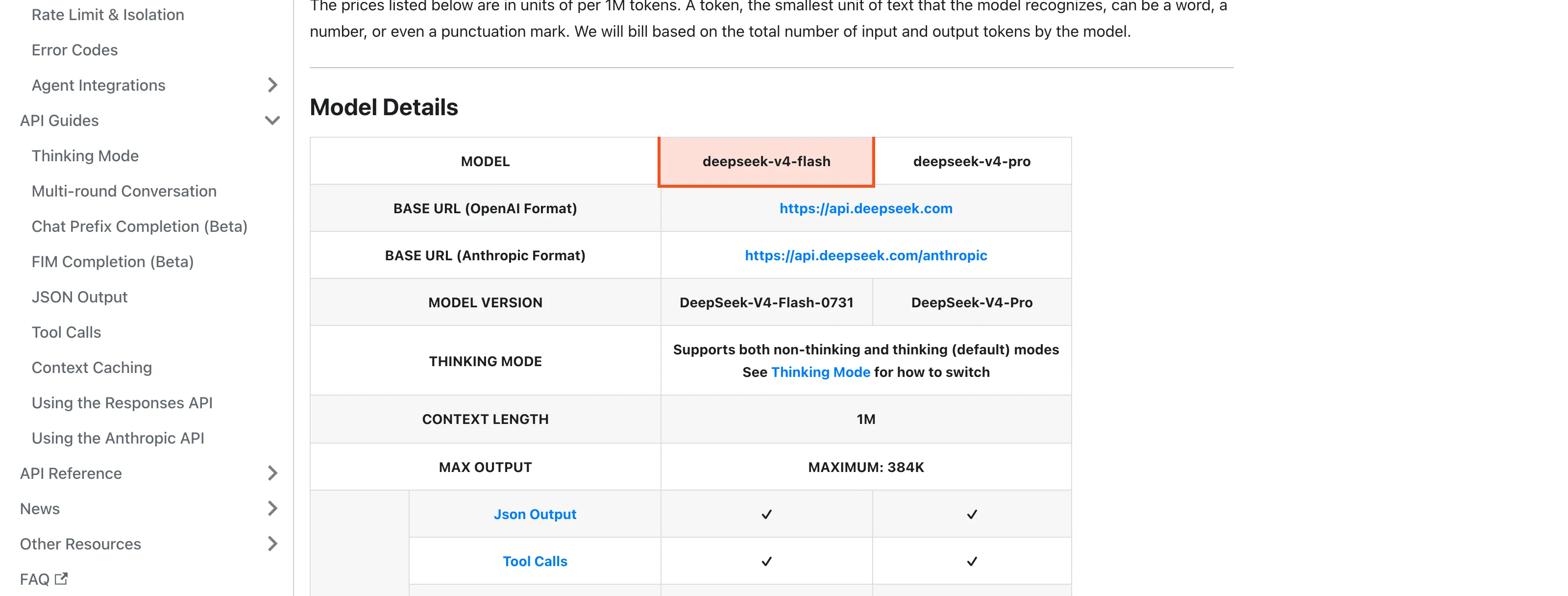DeepSeek's official pricing page showing deepseek-v4-flash and v4-pro per-million token prices