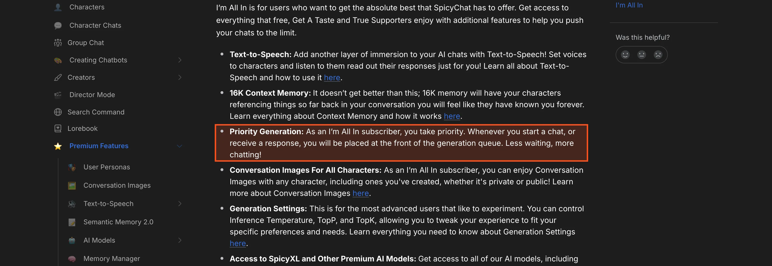 SpicyChat official documentation describing Priority Generation for I'm All In subscribers who take priority in the generation queue