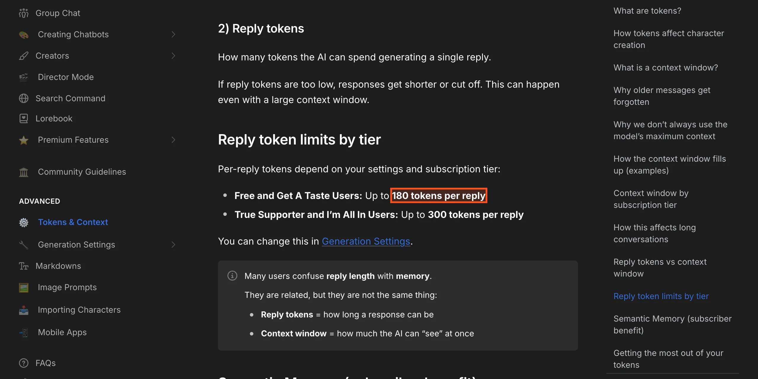 SpicyChat official documentation showing reply token limits of 180 for free users versus 300 for higher tiers
