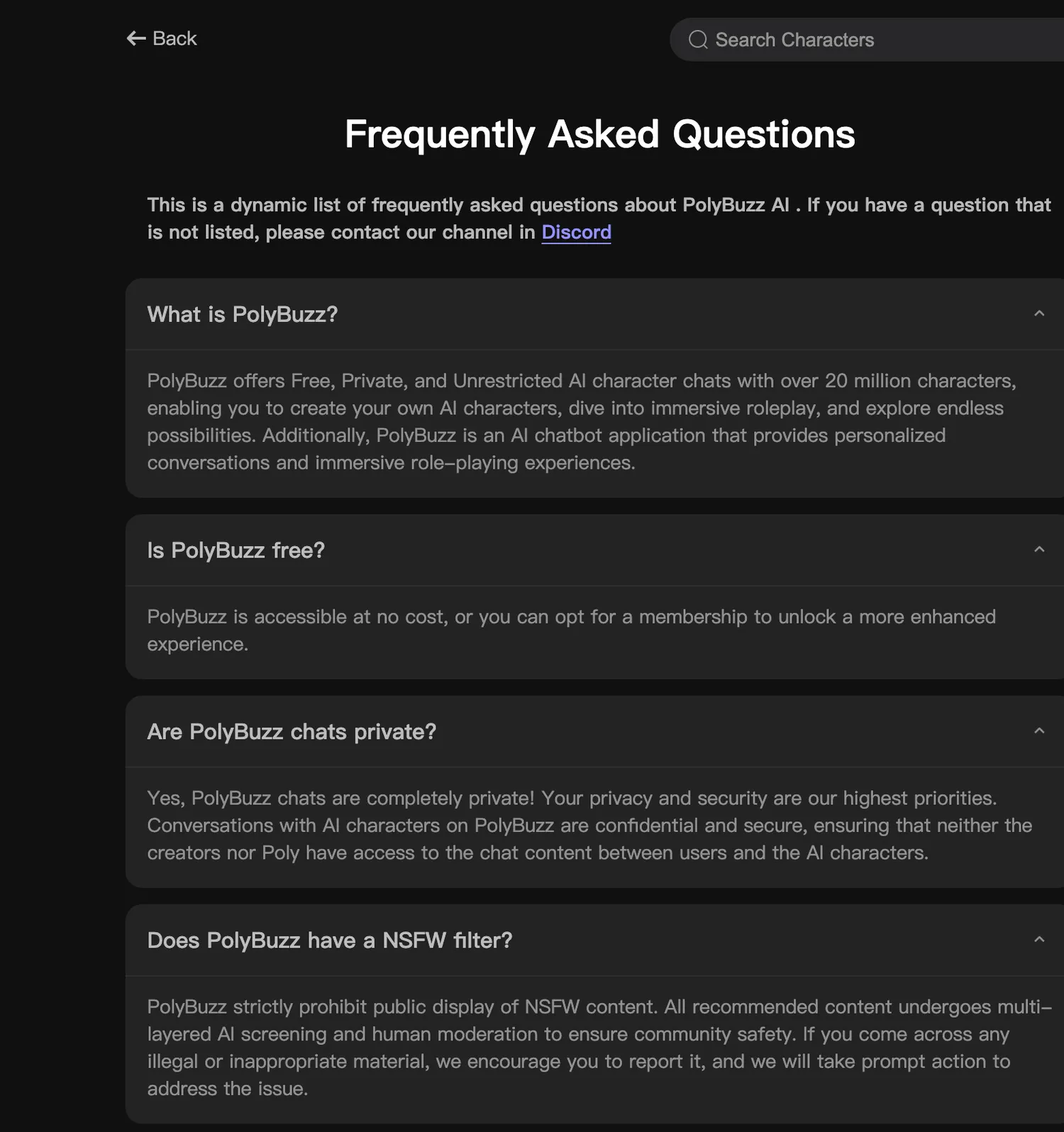 PolyBuzz FAQ page stating chats are completely private, captured July 18, 2026