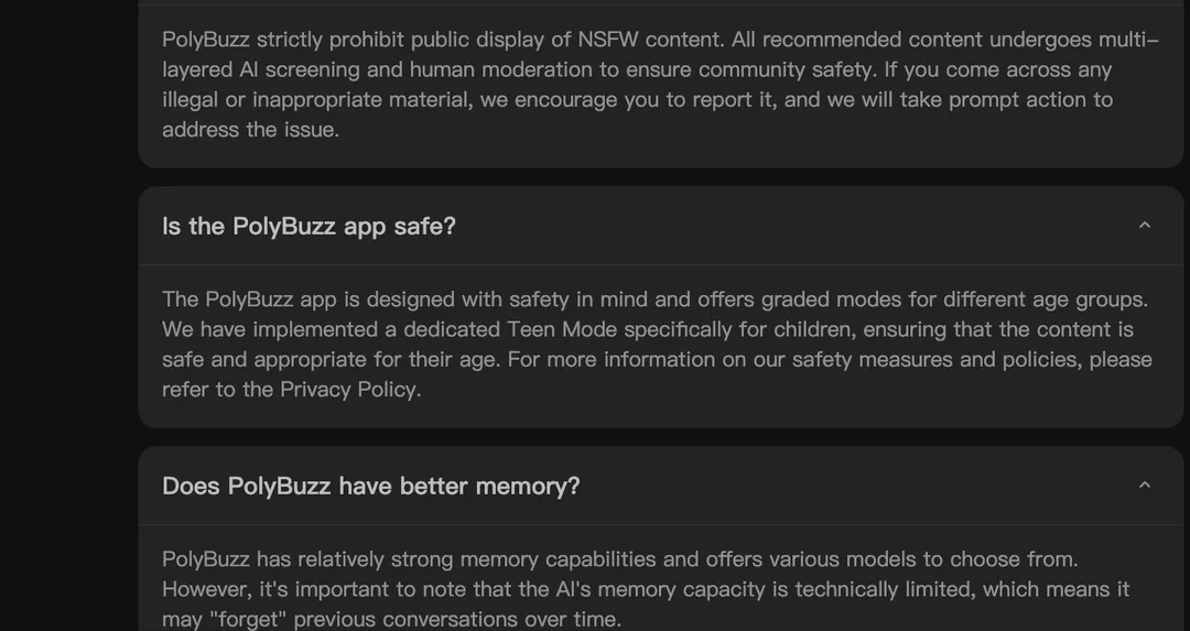 PolyBuzz FAQ describing a dedicated Teen Mode for children, captured July 18, 2026