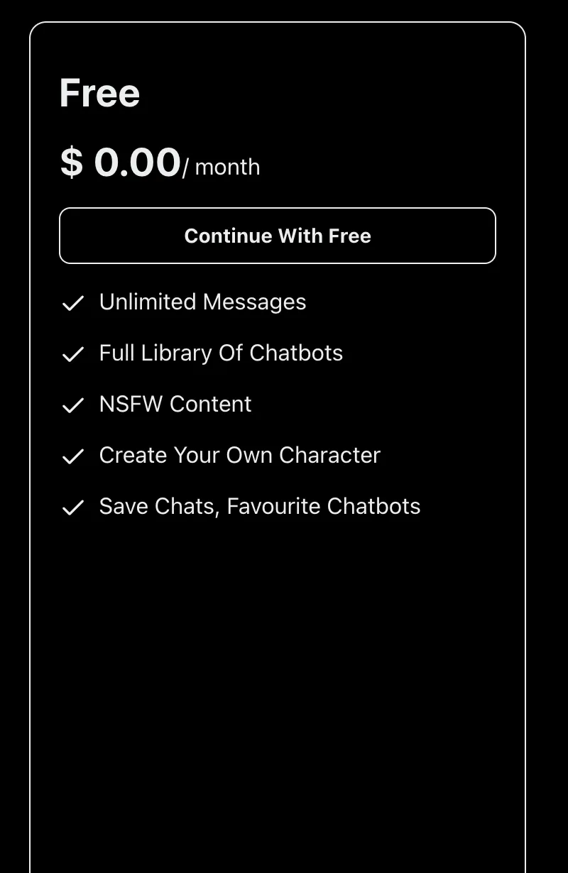 The SpicyChat free plan card listing unlimited messages, the full chatbot library, and character creation at zero dollars