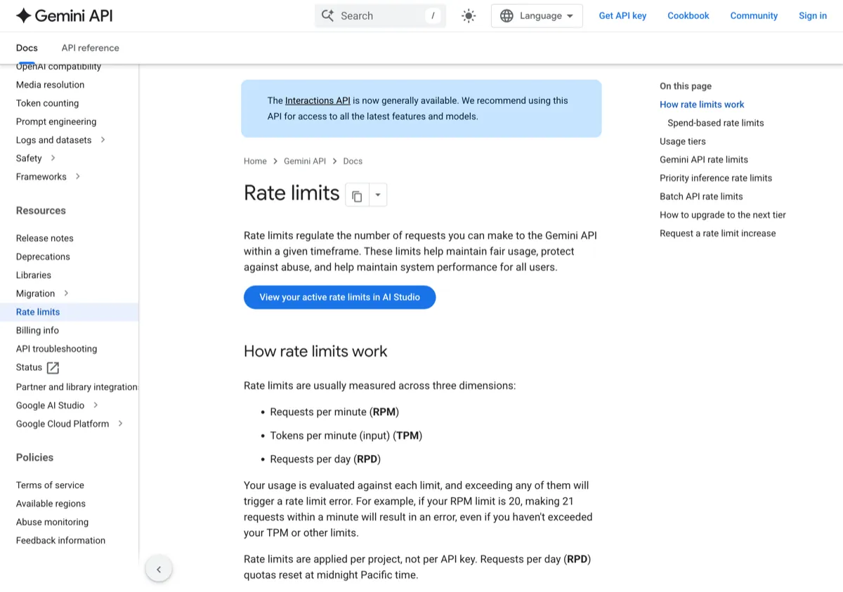 Google's Gemini API rate-limits documentation, the live source for current free-tier caps