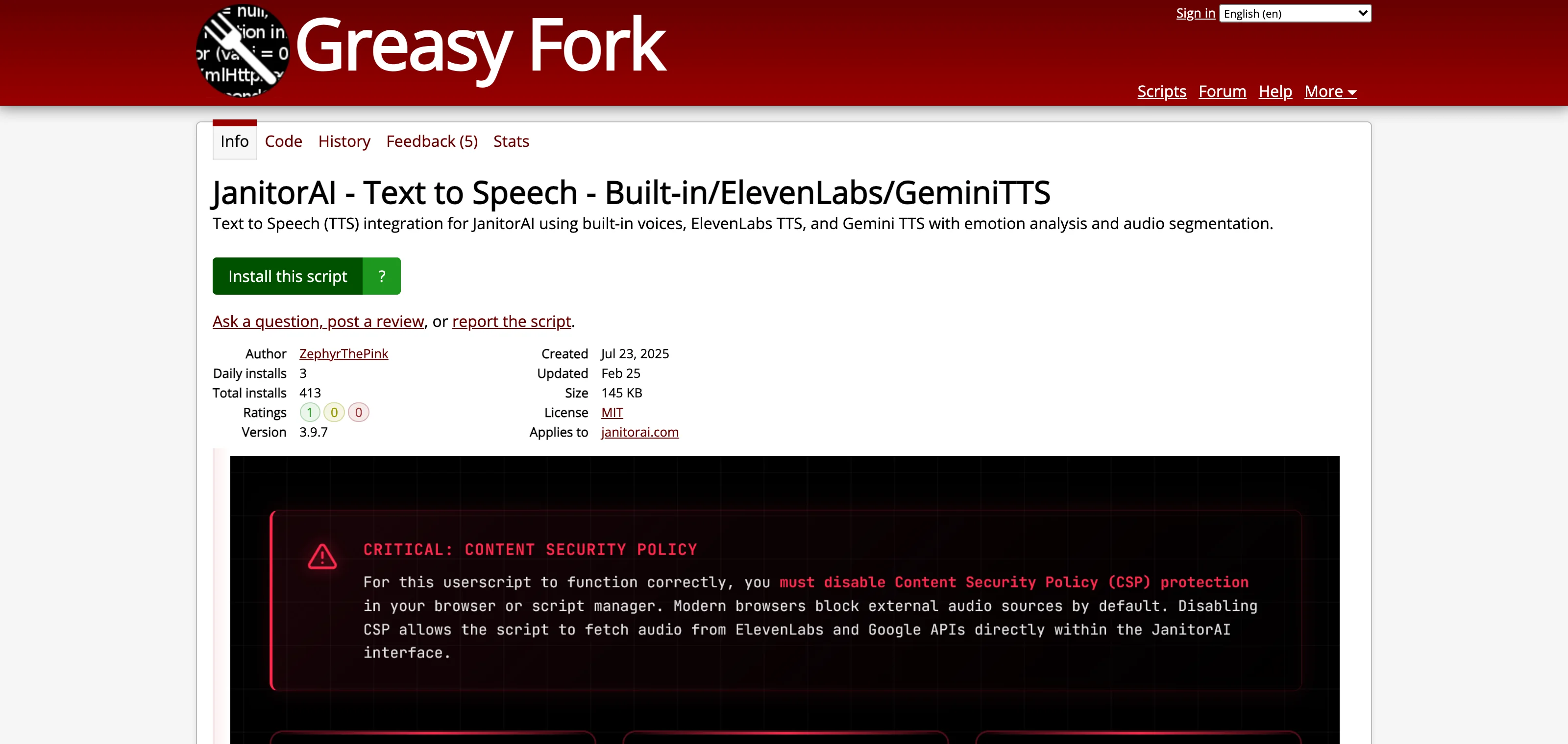 The Greasyfork listing for the JanitorAI Text to Speech userscript with ElevenLabs and Gemini TTS support