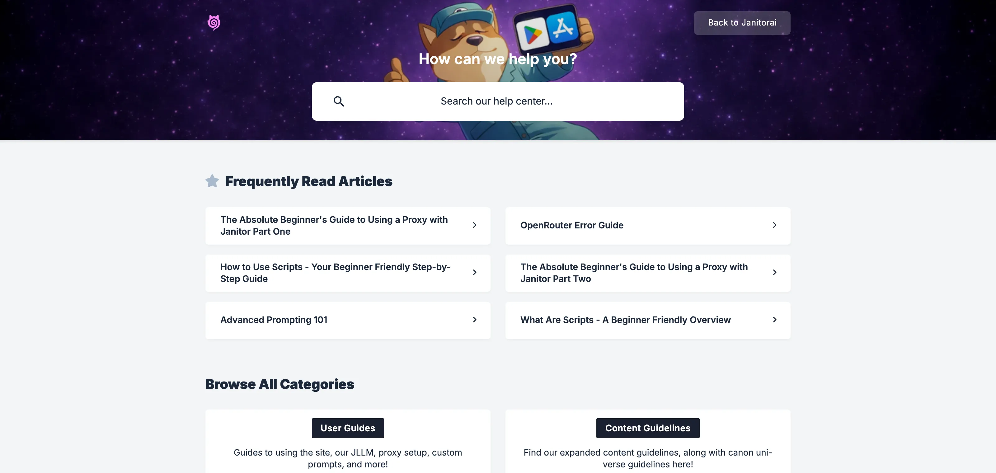 JanitorAI's official help center; none of its categories offer a POV or perspective setting