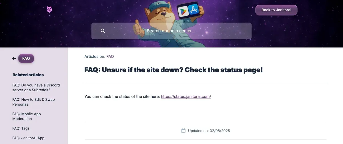 JanitorAI's official help center article pointing users to status.janitorai.com