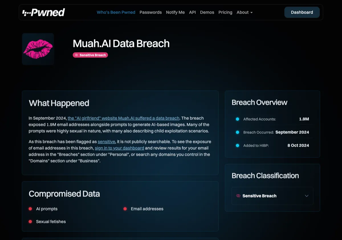 Have I Been Pwned's entry for the 2024 Muah AI breach, 1.9 million accounts; Janitor AI has no entry
