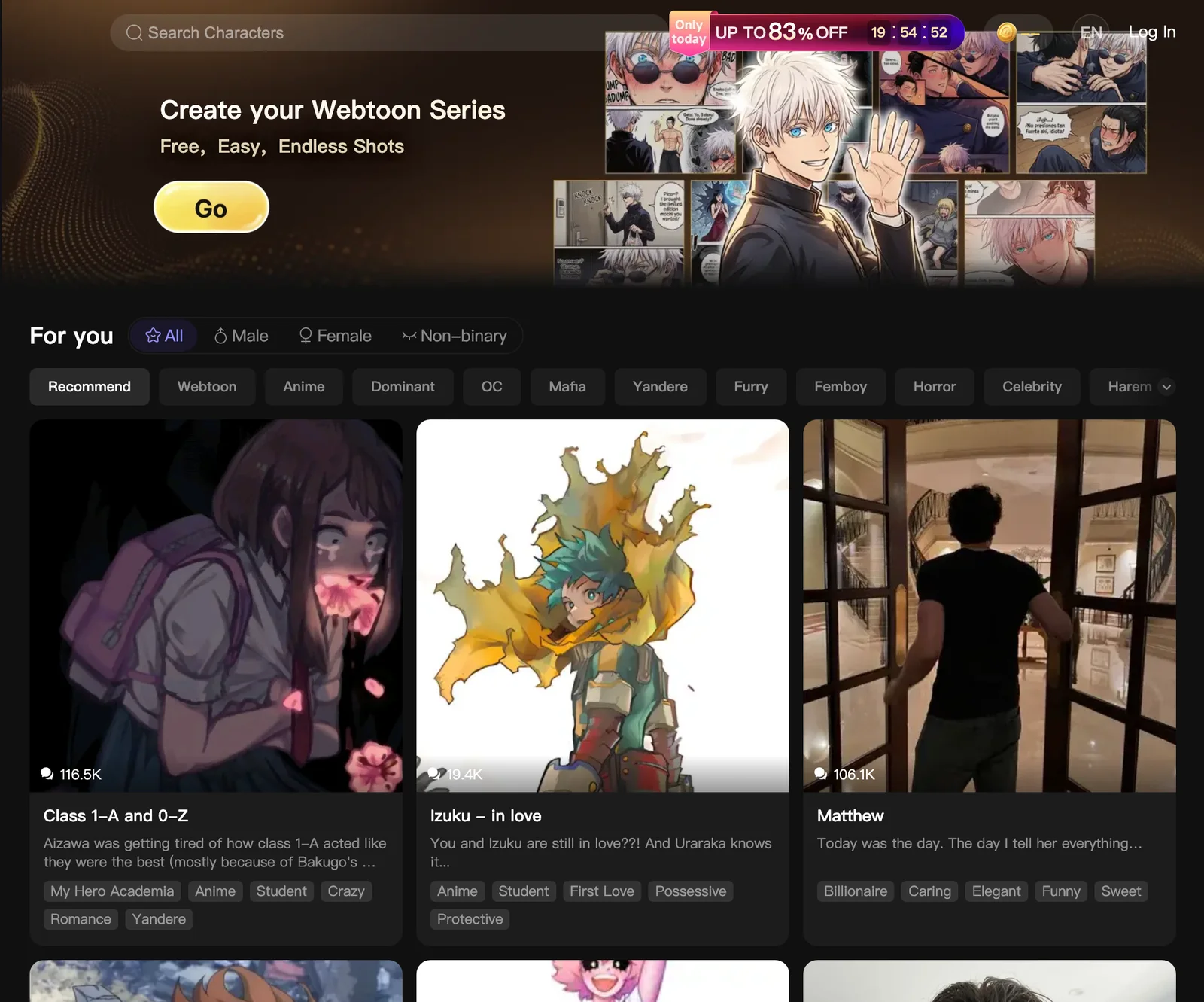 PolyBuzz web app home screen with its character discovery feed