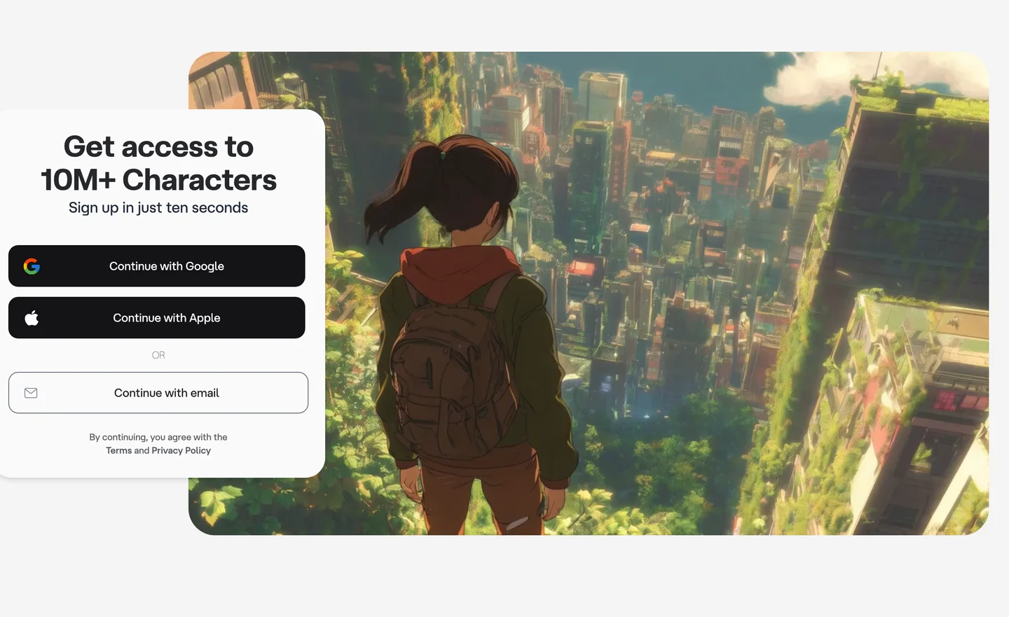 Character.AI landing page inviting signup with access to over 10 million characters