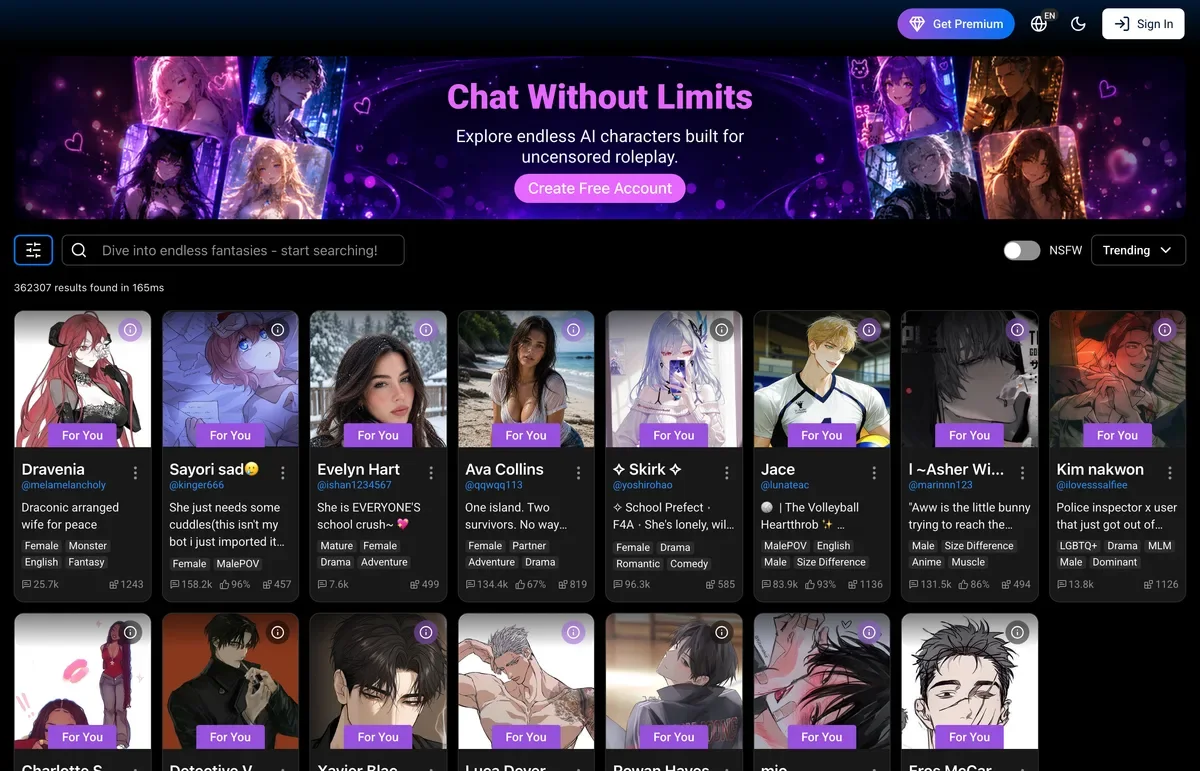 SpicyChat home feed showing community character cards and category tags