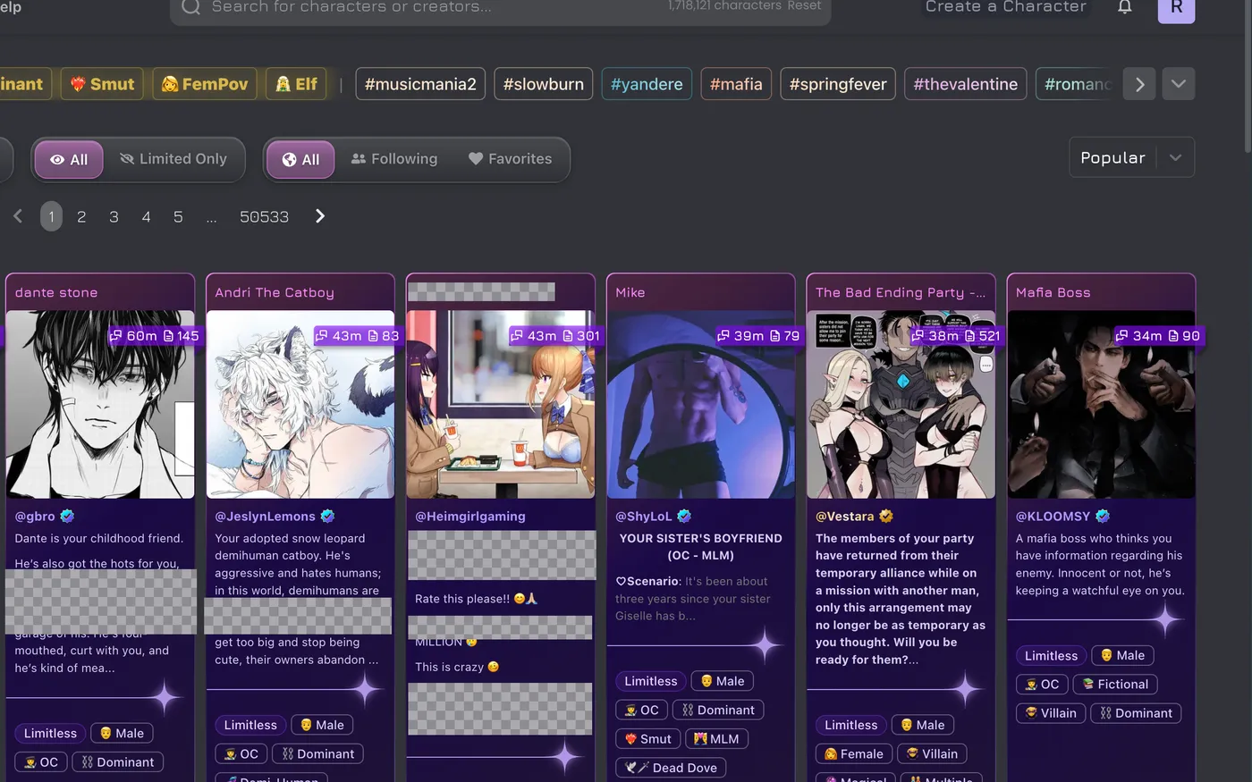 JanitorAI character search showing 1.7 million community characters with tag filters, from my account, July 19, 2026
