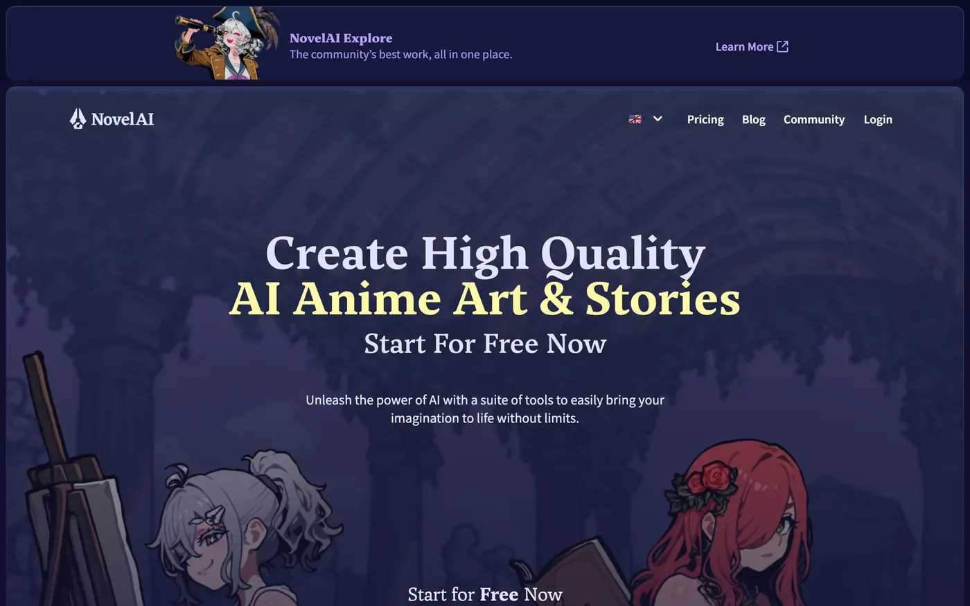 NovelAI homepage advertising high quality AI anime art and stories, captured July 19, 2026