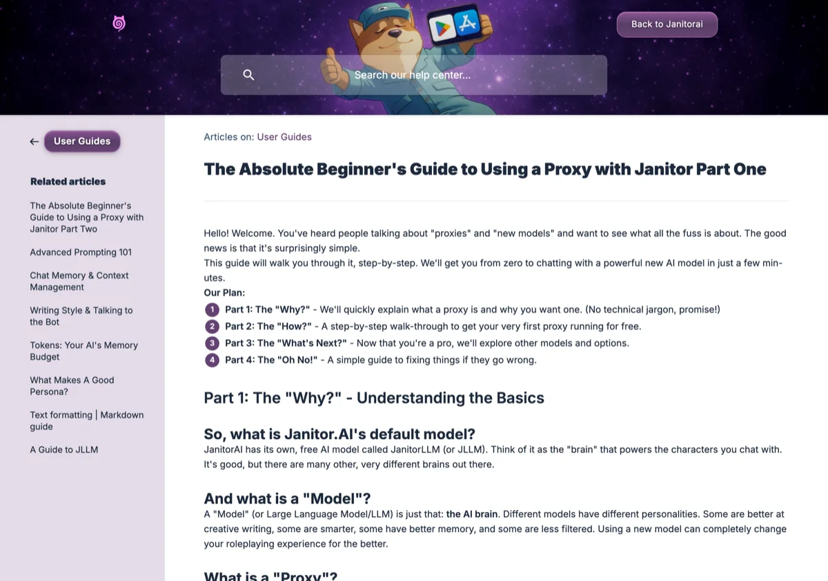 JanitorAI's official beginner proxy guide in its help center, captured Jul 26, 2026