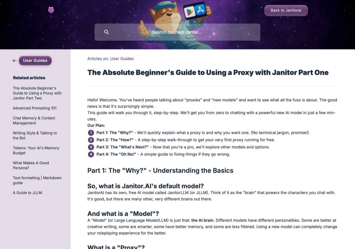 JanitorAI's official beginner proxy guide in its help center, captured Jul 26, 2026