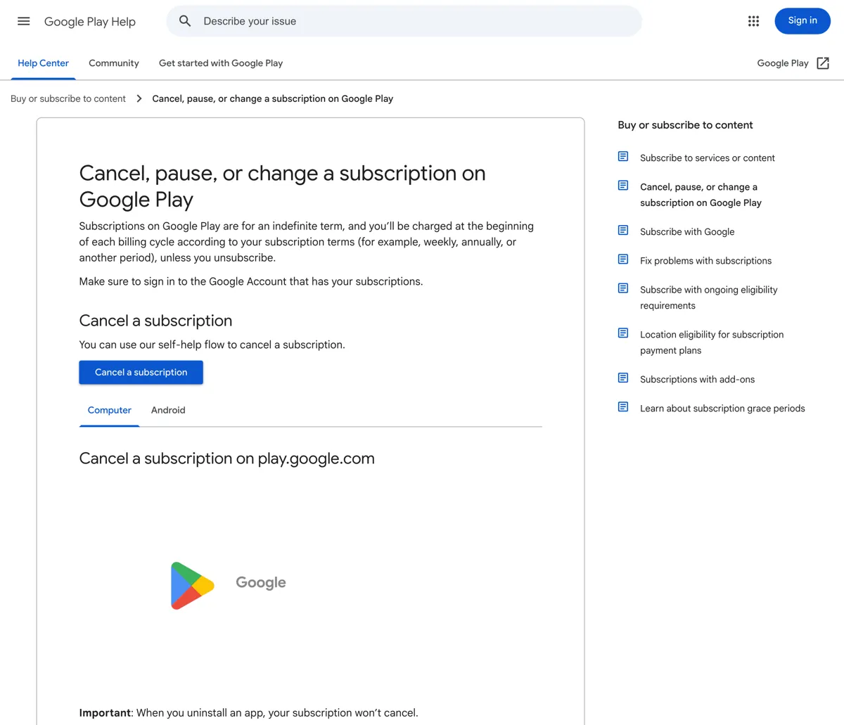 Google Play's official cancel-subscription documentation